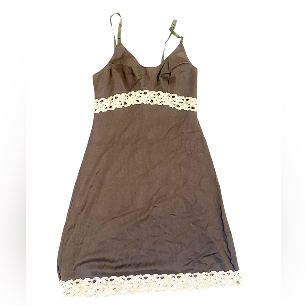 Vintage Coffee Brown Slip Dress with Cream Lace Trim Size Small